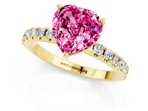 Yellow gold Heart Cut Pink Sapphire Solitaire Pavé Band with Four-Prong Setting_25