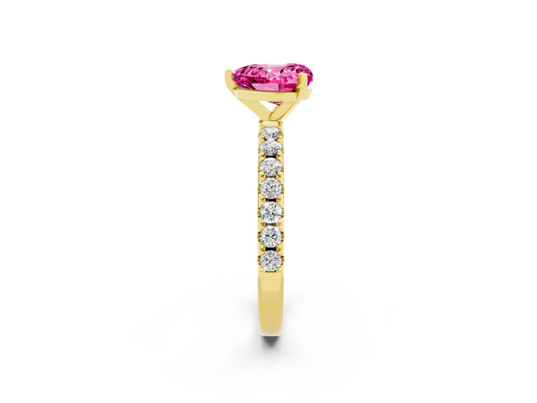 Yellow gold Heart Cut Pink Sapphire Solitaire Pavé Band with Four-Prong Setting