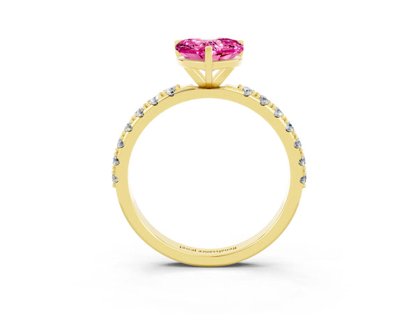 Yellow gold Heart Cut Pink Sapphire Solitaire Pavé Band with Four-Prong Setting