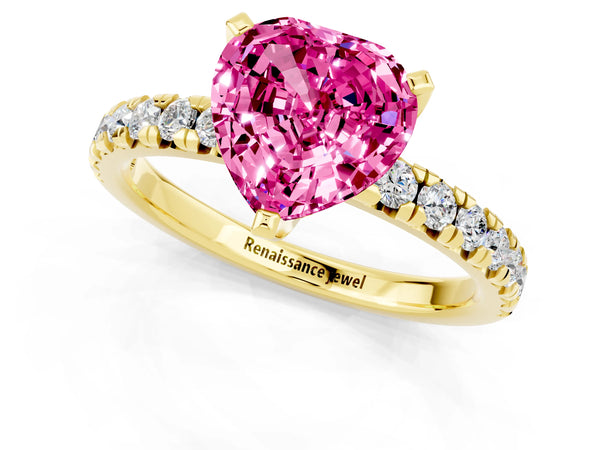 Yellow gold Heart Cut Pink Sapphire Solitaire Pavé Engagement Ring with Round Band and Prong Setting