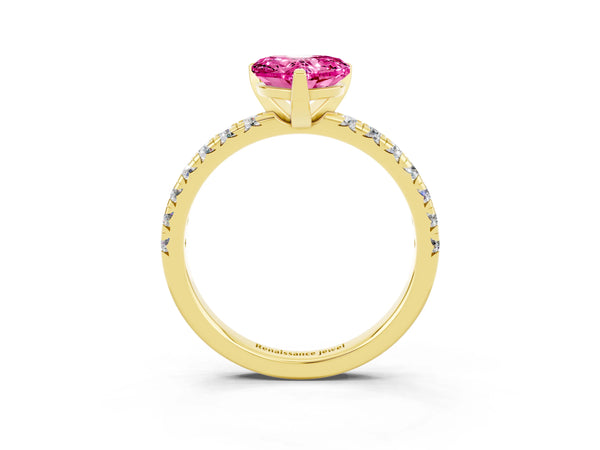 Yellow gold Heart Cut Pink Sapphire Solitaire Pavé Engagement Ring with Round Band and Prong Setting