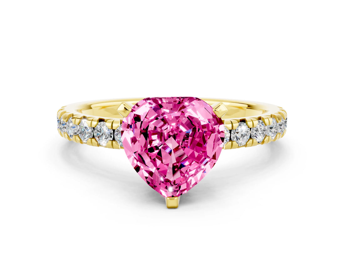 Yellow gold Heart Cut Pink Sapphire Solitaire Pavé Engagement Ring with Round Band and Prong Setting_67