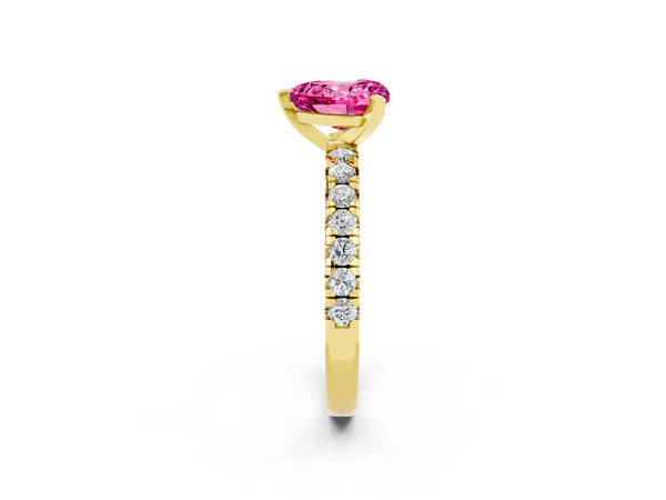 Yellow gold Heart Cut Pink Sapphire Solitaire Pavé Engagement Ring with Round Band and Prong Setting
