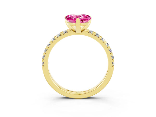 Yellow gold Heart Cut Pink Sapphire Solitaire Pavé Engagement Ring with Round Band and Prong Setting
