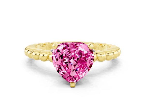 Yellow gold Heart Cut Pink Sapphire Solitaire Ring with Beaded Band and Prong Setting