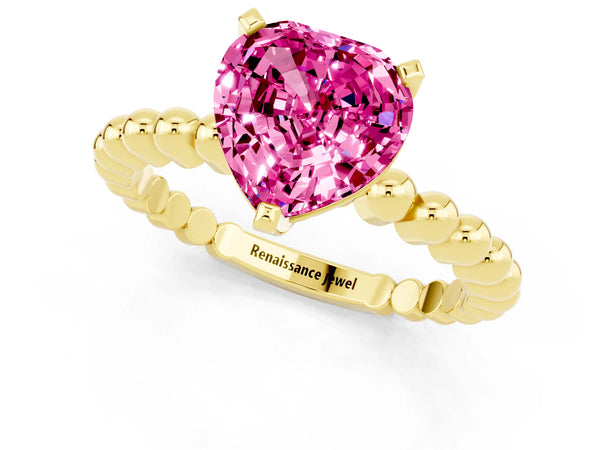 Yellow gold Heart Cut Pink Sapphire Solitaire Ring with Beaded Band and Prong Setting
