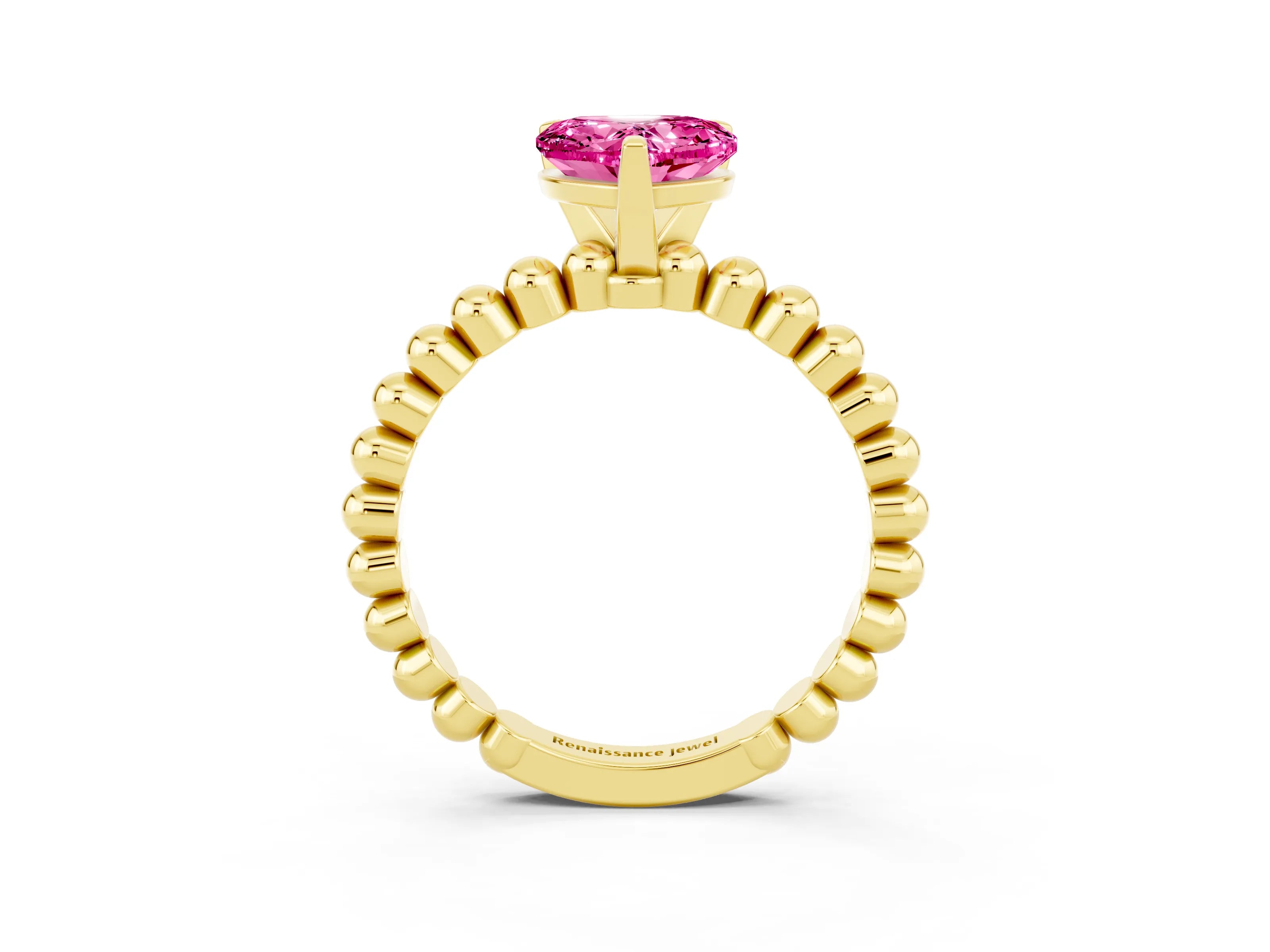 Yellow gold Heart Cut Pink Sapphire Solitaire Ring with Beaded Band and Prong Setting_3