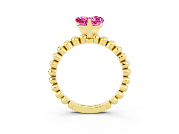 Yellow gold Heart Cut Pink Sapphire Solitaire Ring with Beaded Band and Prong Setting