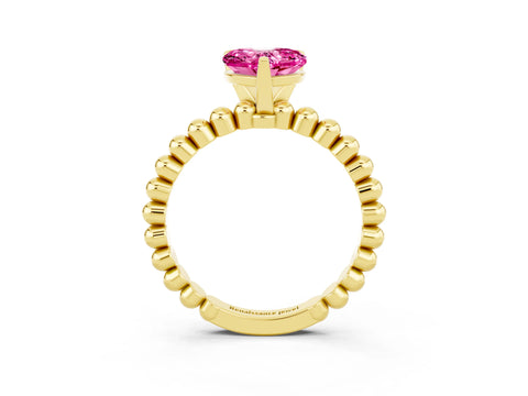 Yellow gold Heart Cut Pink Sapphire Solitaire Ring with Beaded Band and Prong Setting_3