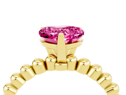 Yellow gold Heart Cut Pink Sapphire Solitaire Ring with Beaded Band and Prong Setting_4