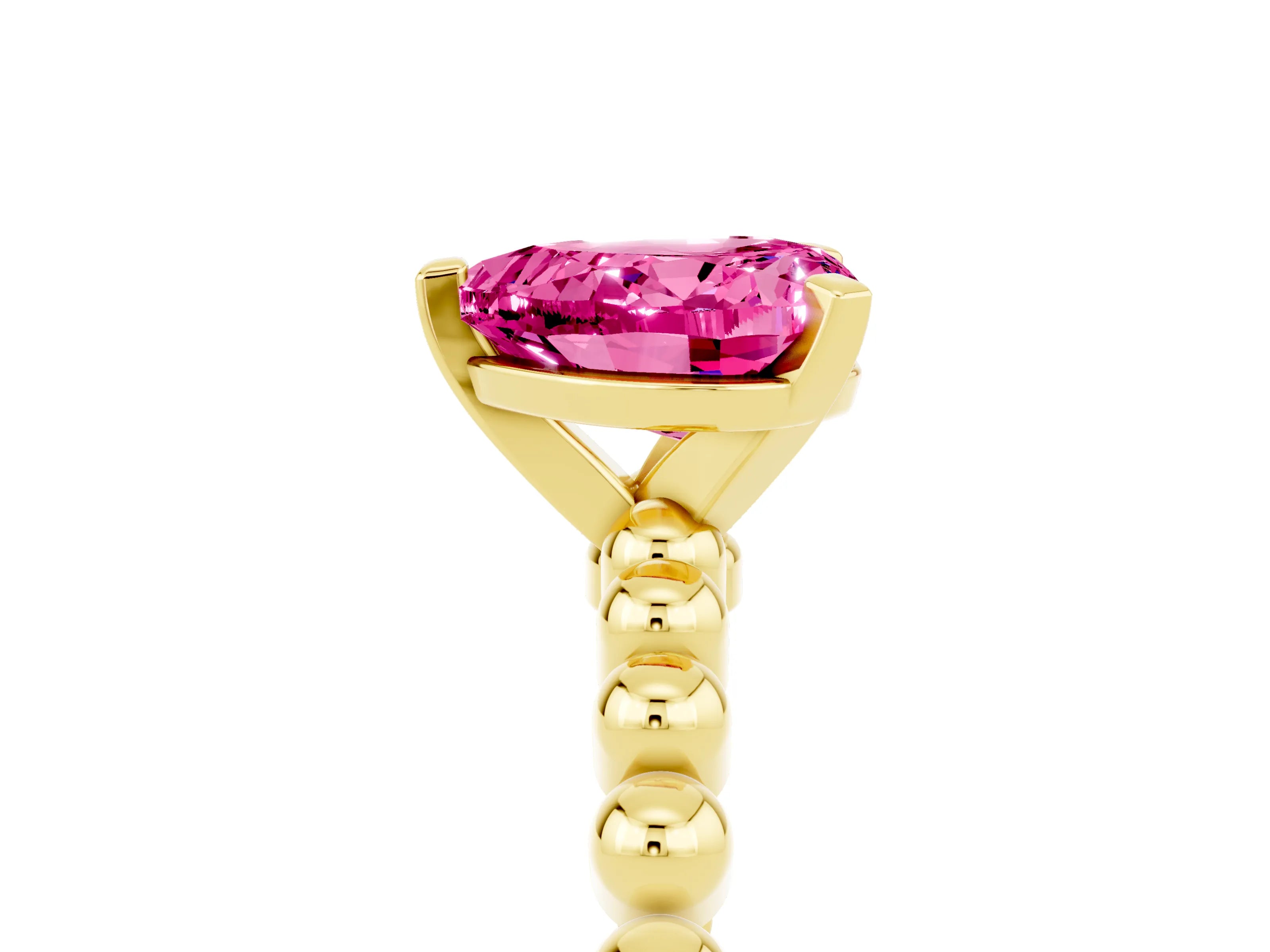 Yellow gold Heart Cut Pink Sapphire Solitaire Ring with Beaded Band and Prong Setting_5
