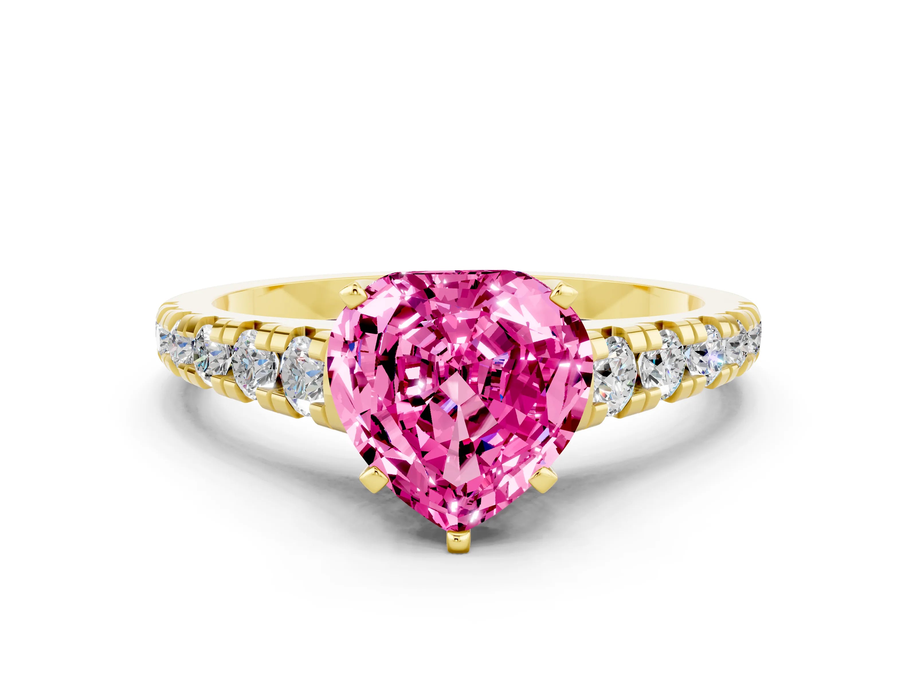 Yellow gold Heart Cut Pink Sapphire Solitaire Ring with Cathedral Setting and Pavé Band_24