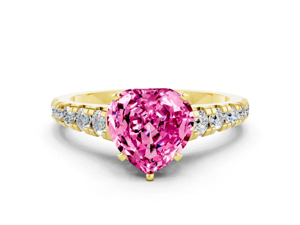 Yellow gold Heart Cut Pink Sapphire Cathedral Solitaire Ring with Round  Pavé Band