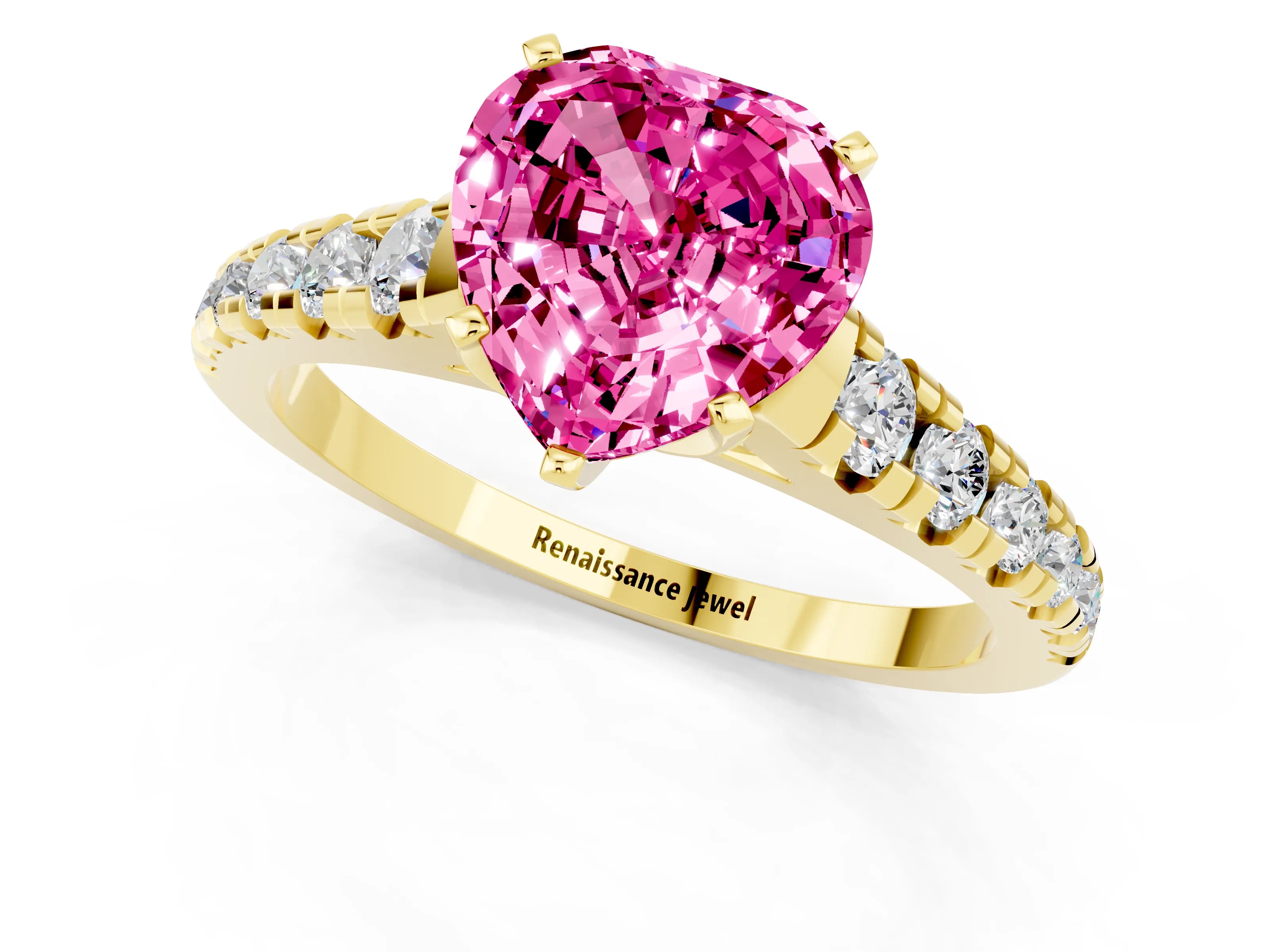 Yellow gold Heart Cut Pink Sapphire Solitaire Ring with Cathedral Setting and Pavé Band_25