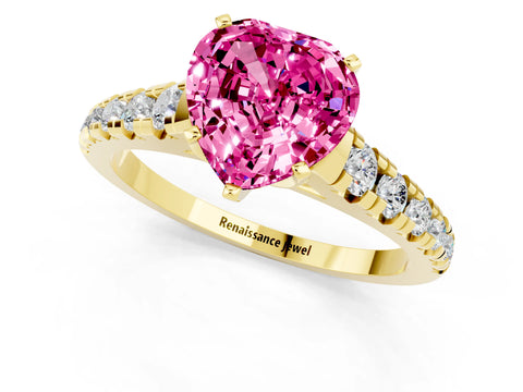 Yellow gold Heart Cut Pink Sapphire Solitaire Ring with Cathedral Setting and Pavé Band_25