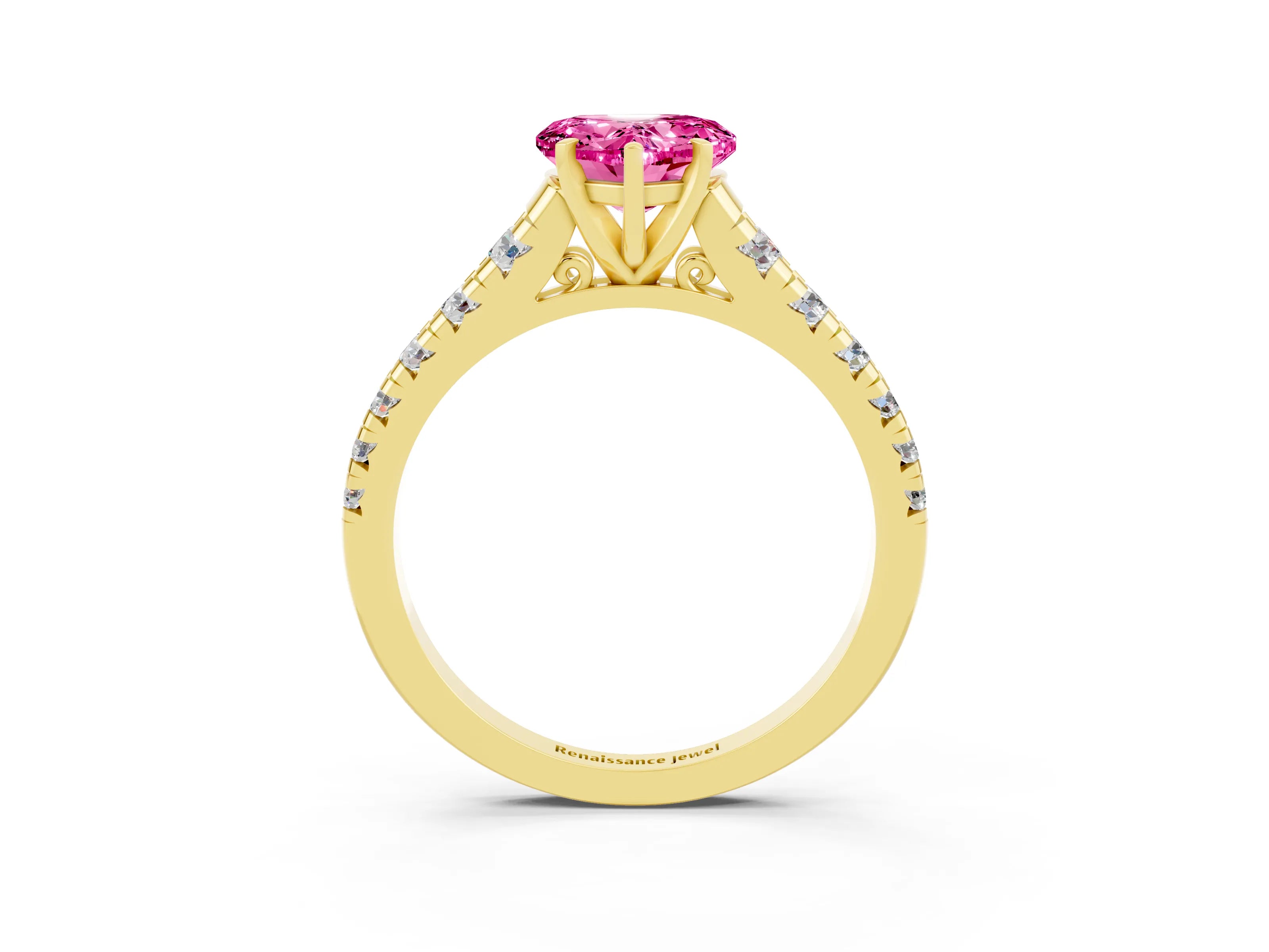 Yellow gold Heart Cut Pink Sapphire Solitaire Ring with Cathedral Setting and Pavé Band_27
