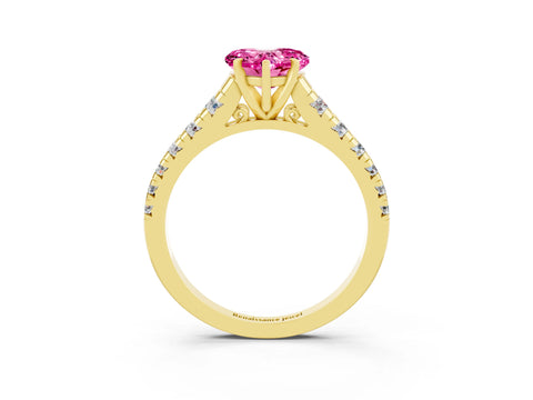 Yellow gold Heart Cut Pink Sapphire Solitaire Ring with Cathedral Setting and Pavé Band_27