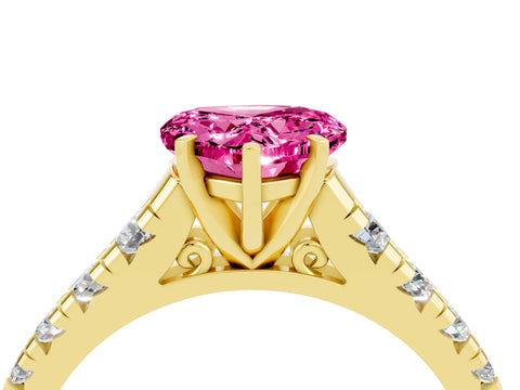 Yellow gold Heart Cut Pink Sapphire Solitaire Ring with Cathedral Setting and Pavé Band_28