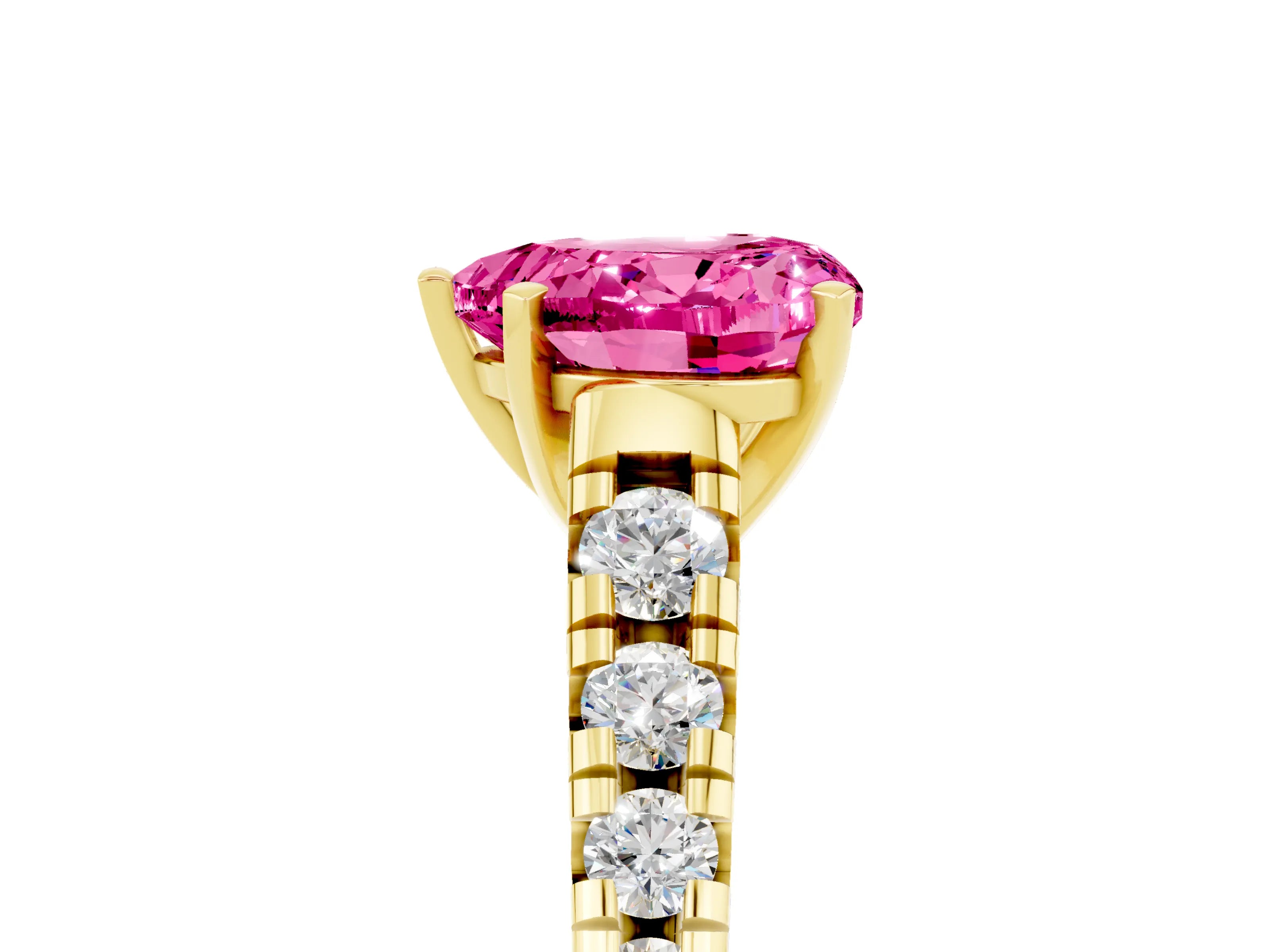 Yellow gold Heart Cut Pink Sapphire Solitaire Ring with Cathedral Setting and Pavé Band_29