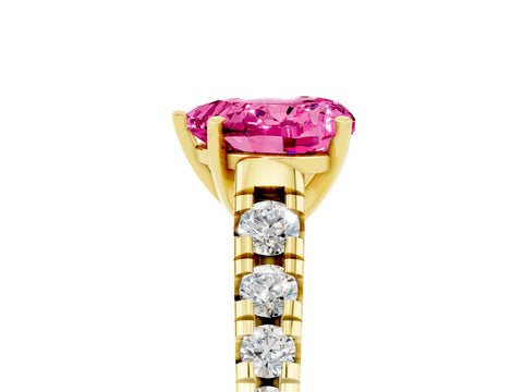 Yellow gold Heart Cut Pink Sapphire Solitaire Ring with Cathedral Setting and Pavé Band_29