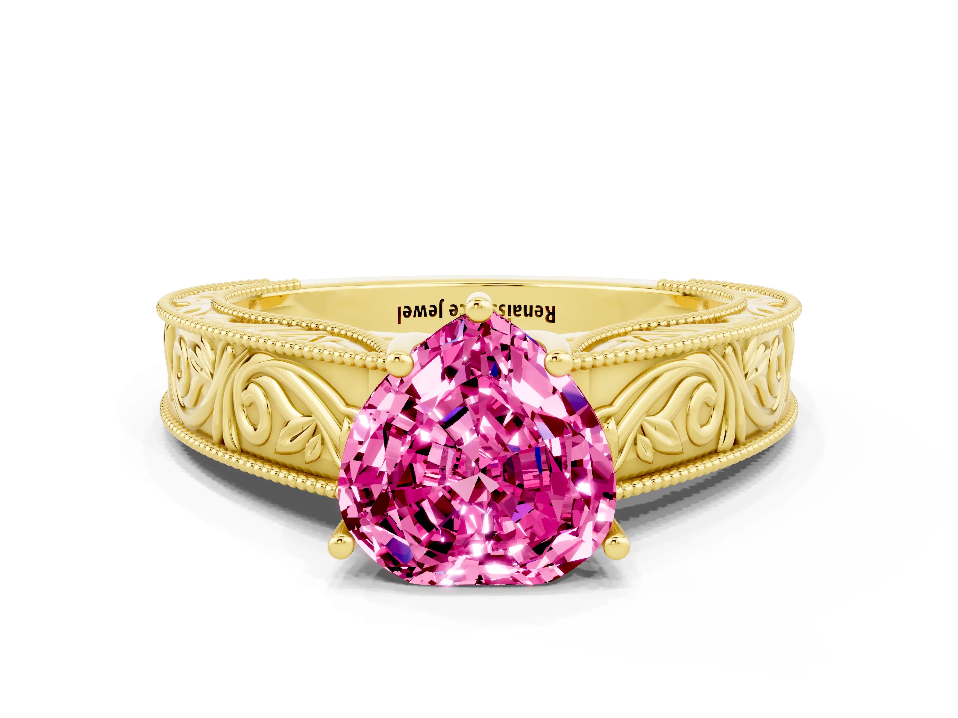 Yellow gold Heart Cut Pink Sapphire Solitaire Ring with Engraved Band and Four-Prong Setting