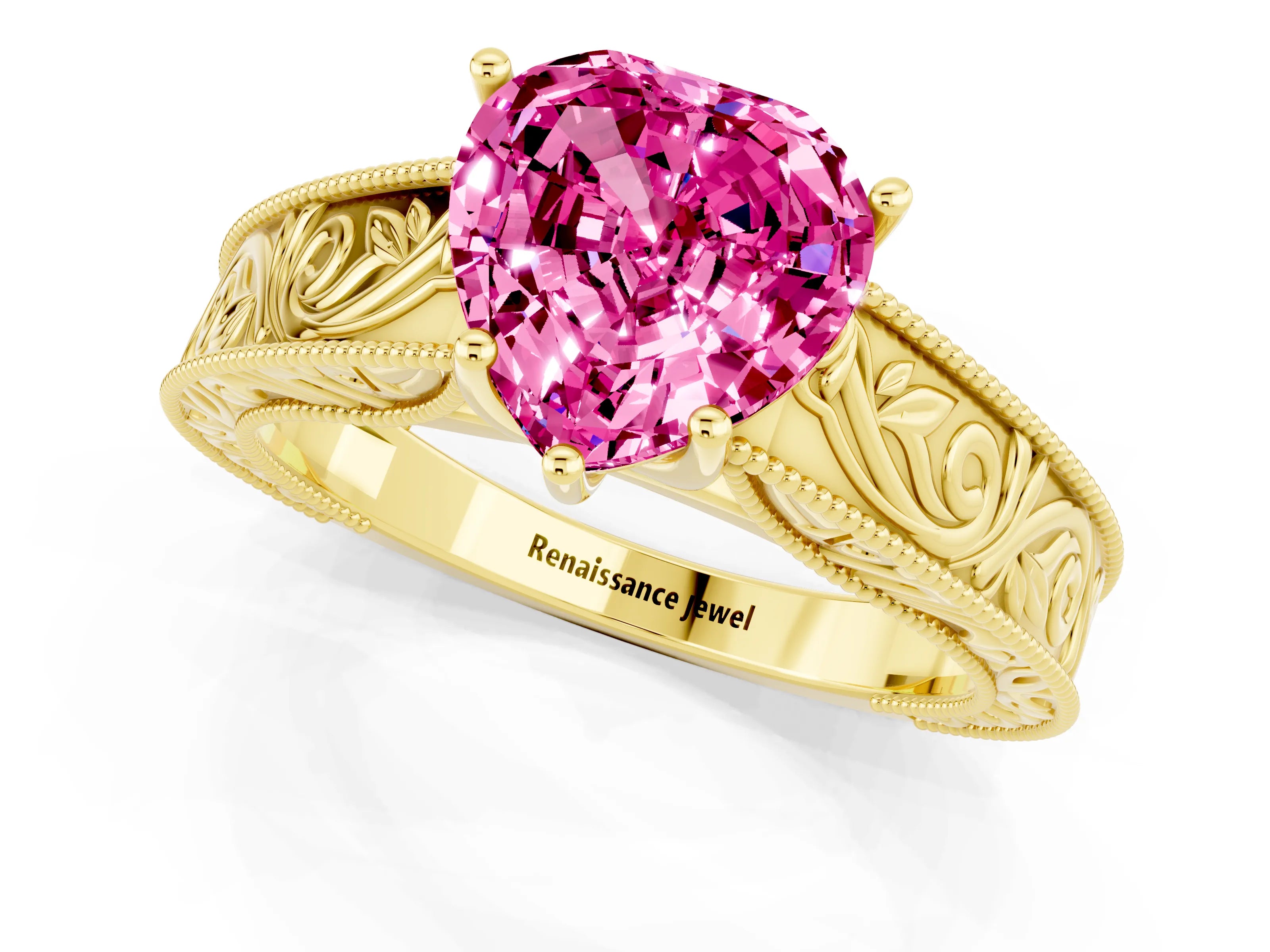 Yellow gold Heart Cut Pink Sapphire Solitaire Ring with Engraved Band and Four-Prong Setting_1