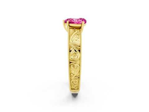 Yellow gold Heart Cut Pink Sapphire Solitaire Ring with Engraved Band and Four-Prong Setting_2