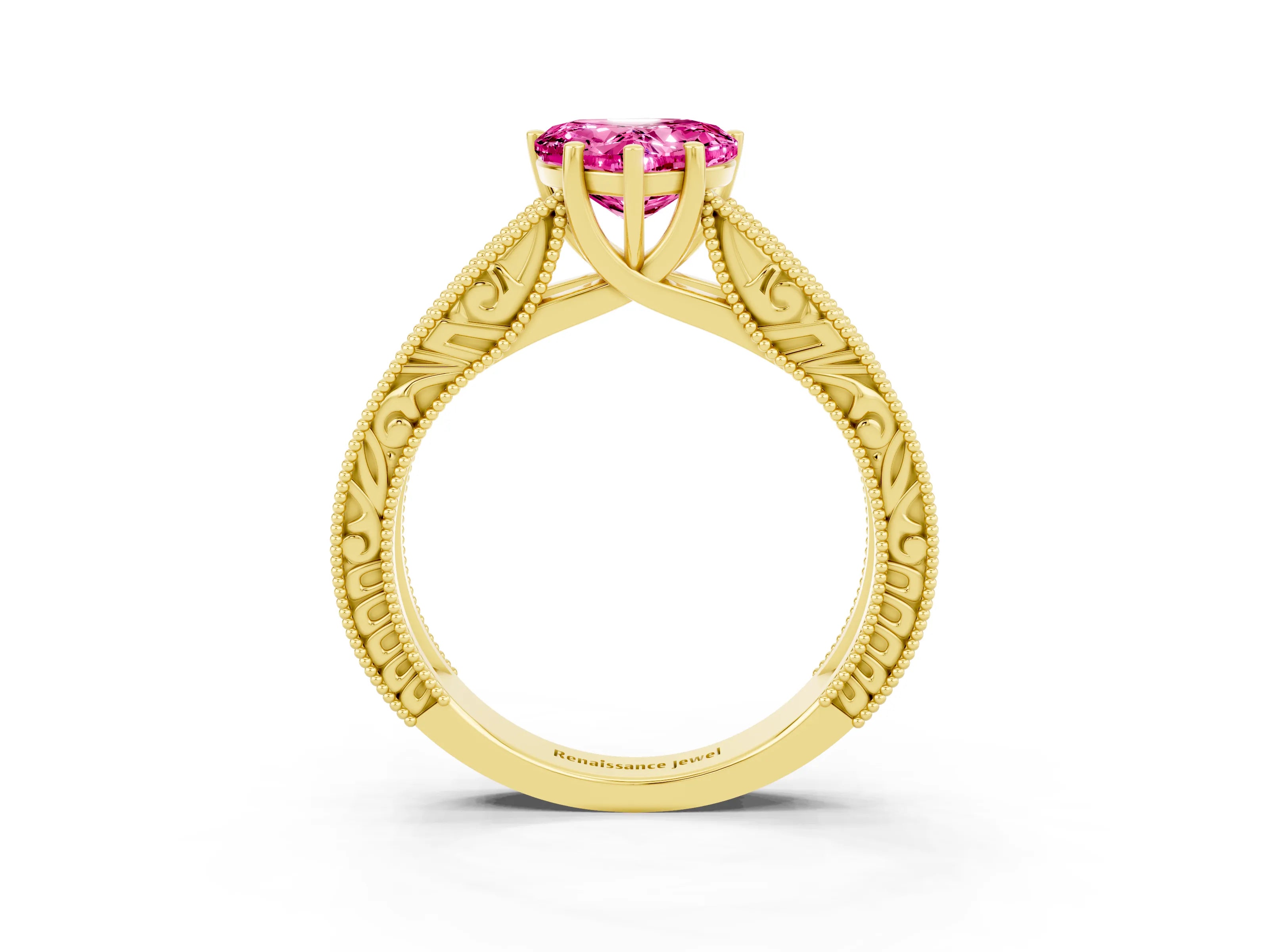 Yellow gold Heart Cut Pink Sapphire Solitaire Ring with Engraved Band and Four-Prong Setting_3