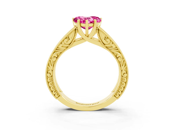 Yellow gold Heart Cut Pink Sapphire Solitaire Ring with Engraved Band and Four-Prong Setting