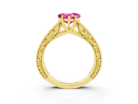 Yellow gold Heart Cut Pink Sapphire Solitaire Ring with Engraved Band and Four-Prong Setting_3
