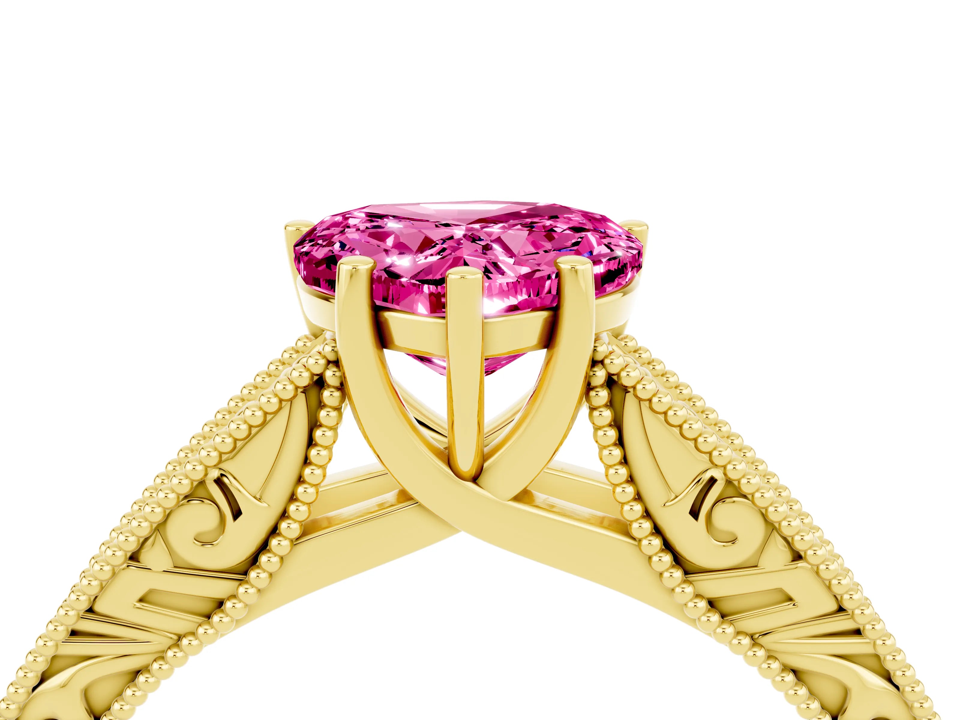 Yellow gold Heart Cut Pink Sapphire Solitaire Ring with Engraved Band and Four-Prong Setting_4