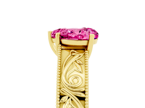 Yellow gold Heart Cut Pink Sapphire Solitaire Ring with Engraved Band and Four-Prong Setting_5