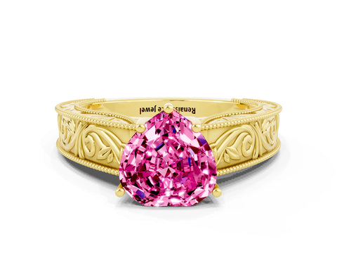 Yellow gold Heart Cut Pink Sapphire Solitaire Ring with Engraved Band and Four-Prong Setting