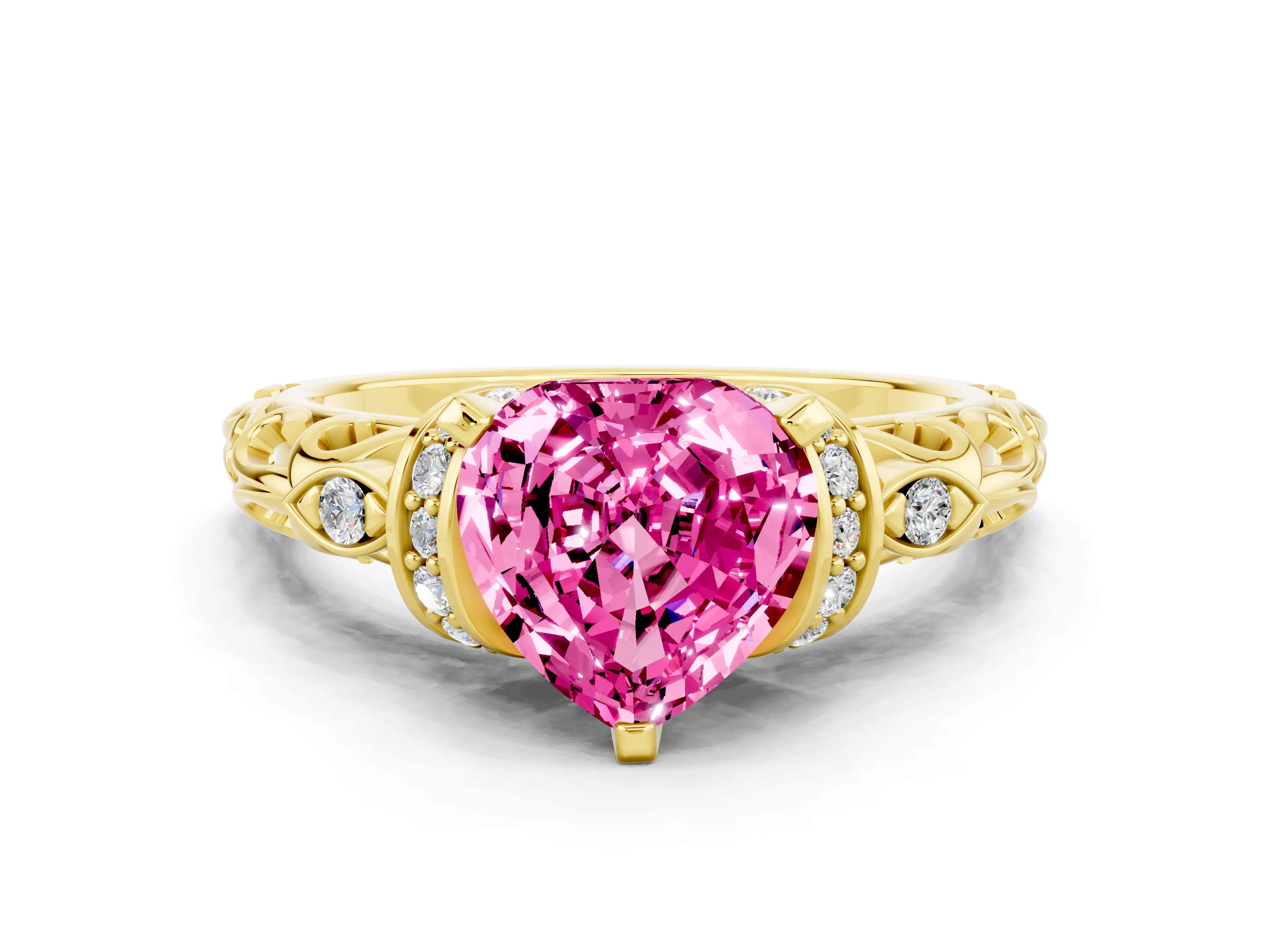 Yellow gold Heart Cut Pink Sapphire Solitaire Ring with Filigree Band and Four-Prong Setting_48