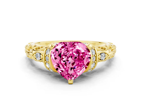 Yellow gold Heart Cut Pink Sapphire Solitaire Ring with Filigree Band and Four-Prong Setting_48
