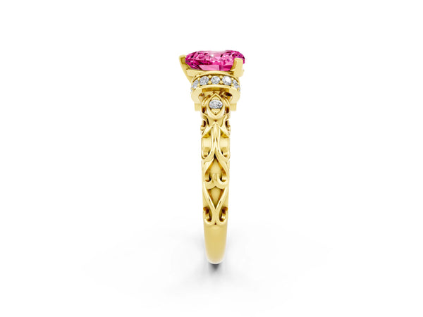 Yellow gold Heart Cut Pink Sapphire Solitaire Ring with Filigree Band and Four-Prong Setting
