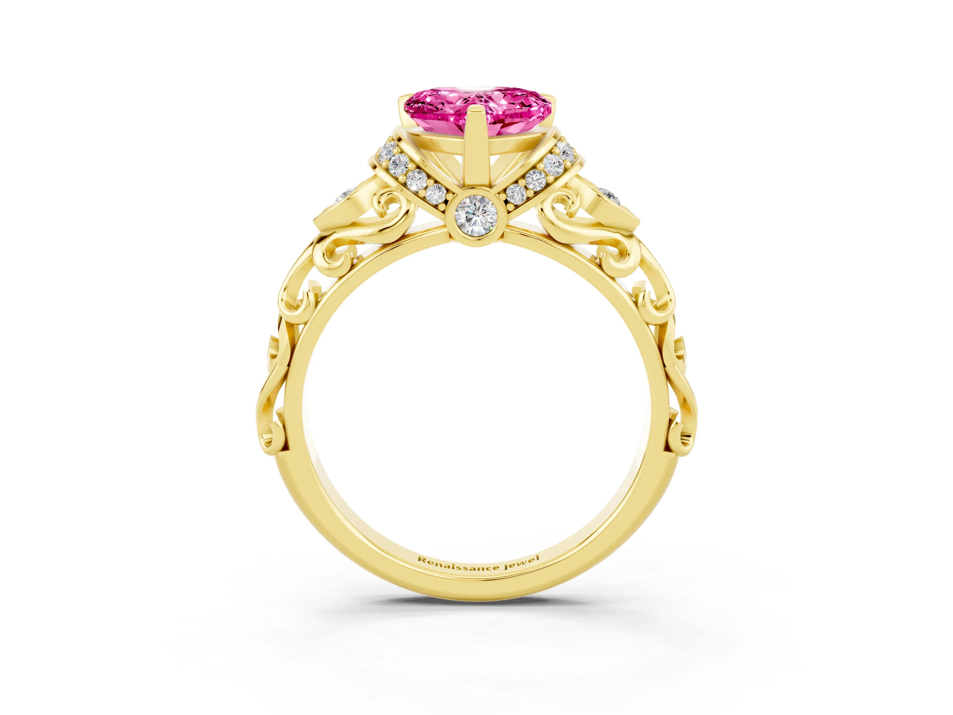 Yellow gold Heart Cut Pink Sapphire Solitaire Ring with Filigree Band and Four-Prong Setting_51