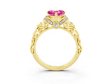 Yellow gold Heart Cut Pink Sapphire Solitaire Ring with Filigree Band and Four-Prong Setting_51
