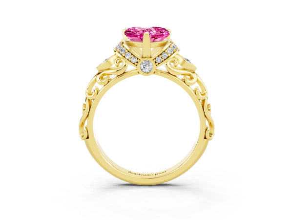 Yellow gold Heart Cut Pink Sapphire Solitaire Ring with Filigree Band and Four-Prong Setting