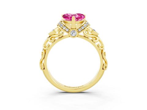Yellow gold Heart Cut Pink Sapphire Solitaire Ring with Filigree Band and Four-Prong Setting_51