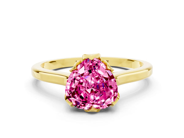 Yellow gold Heart Cut Pink Sapphire Solitaire Ring with Flower Prong Setting and Classic Band