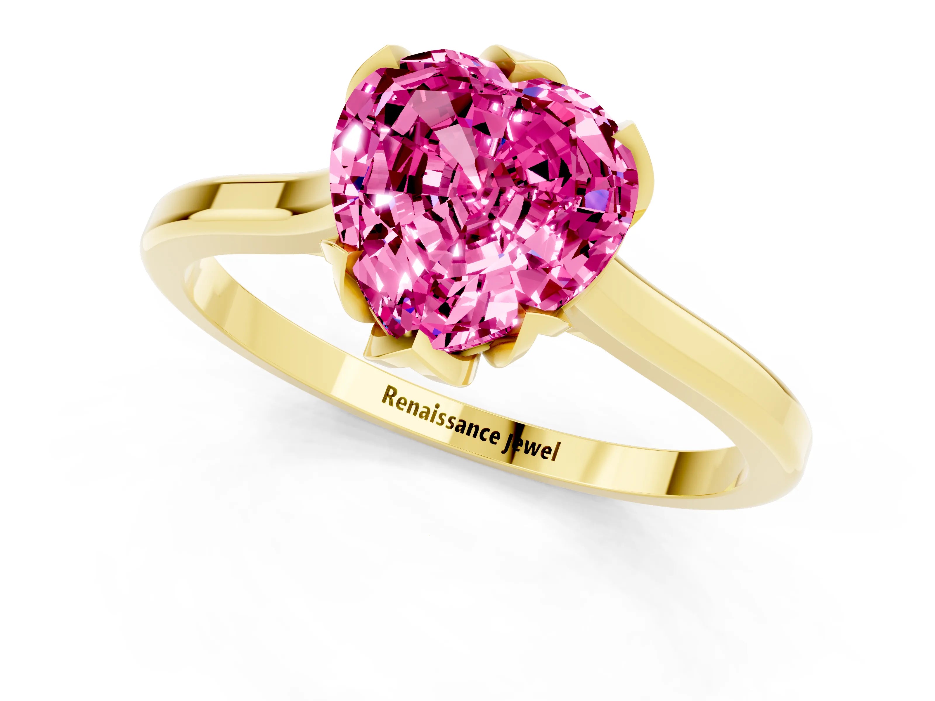 Yellow gold Heart Cut Pink Sapphire Solitaire Ring with Flower Prong Setting and Classic Band_13