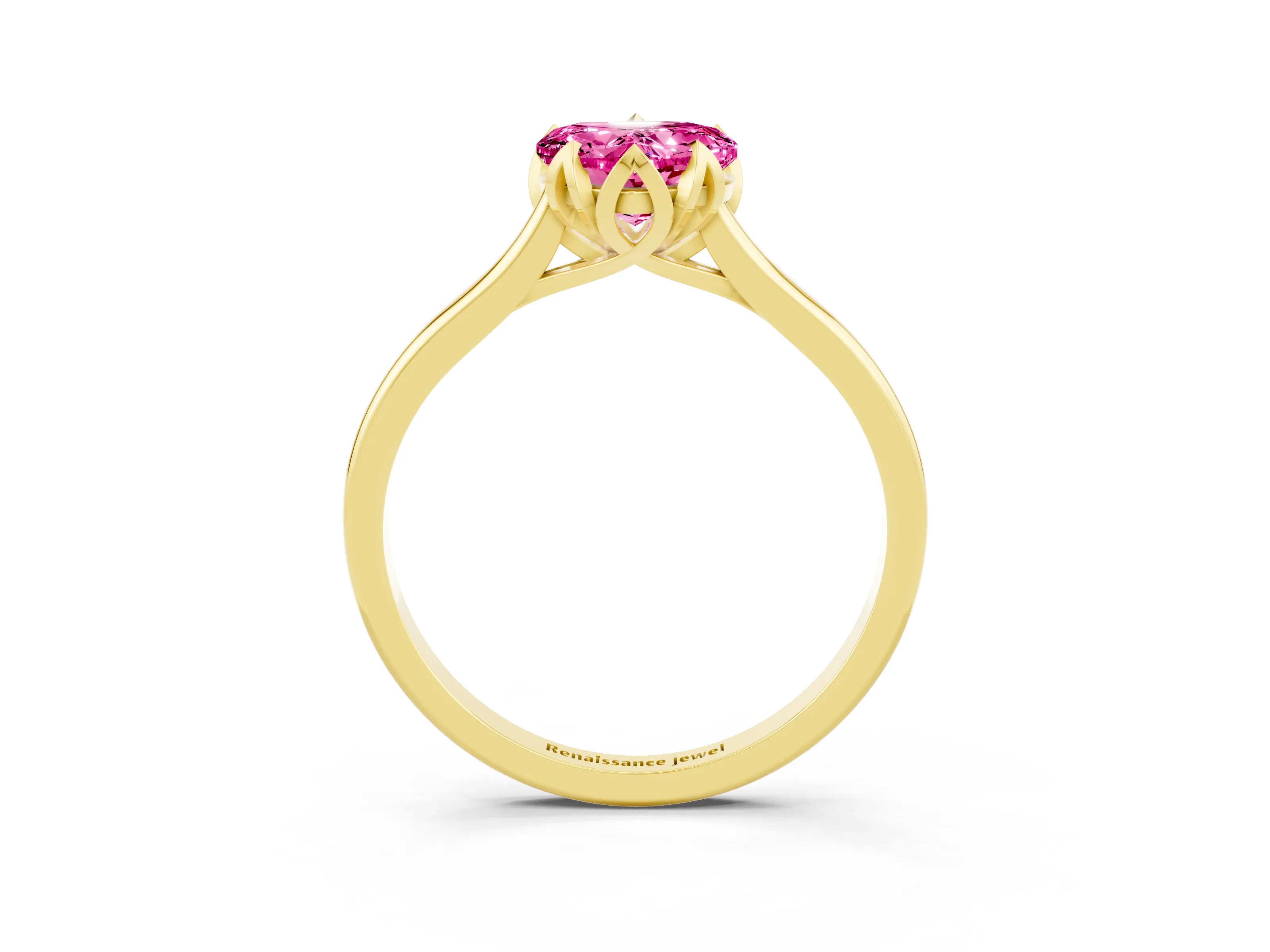 Yellow gold Heart Cut Pink Sapphire Solitaire Ring with Flower Prong Setting and Classic Band_15