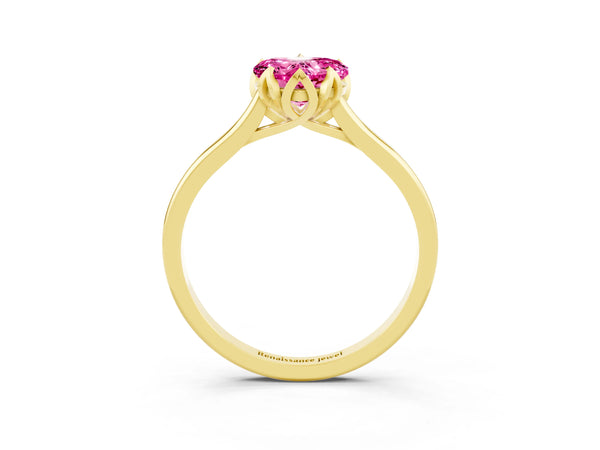 Yellow gold Heart Cut Pink Sapphire Solitaire Ring with Flower Prong Setting and Classic Band