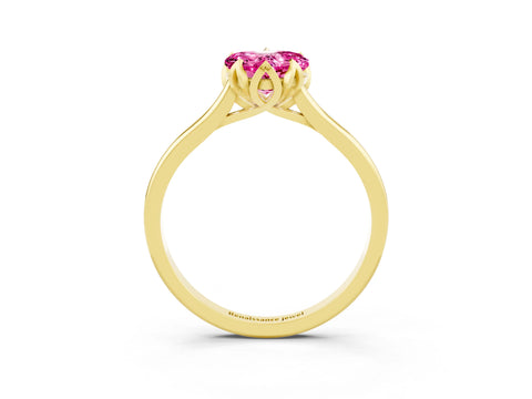 Yellow gold Heart Cut Pink Sapphire Solitaire Ring with Flower Prong Setting and Classic Band_15