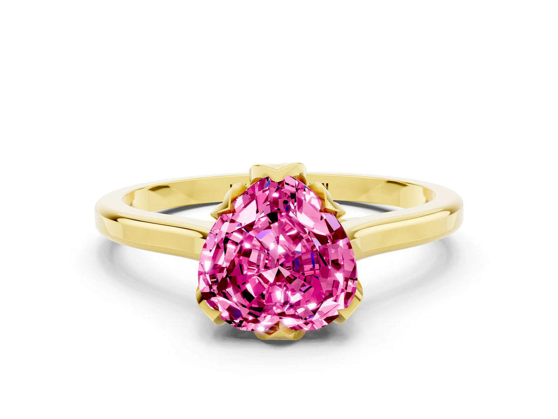 Yellow gold Heart Cut Pink Sapphire Solitaire Ring with Flower Prong Setting and Classic Band_36
