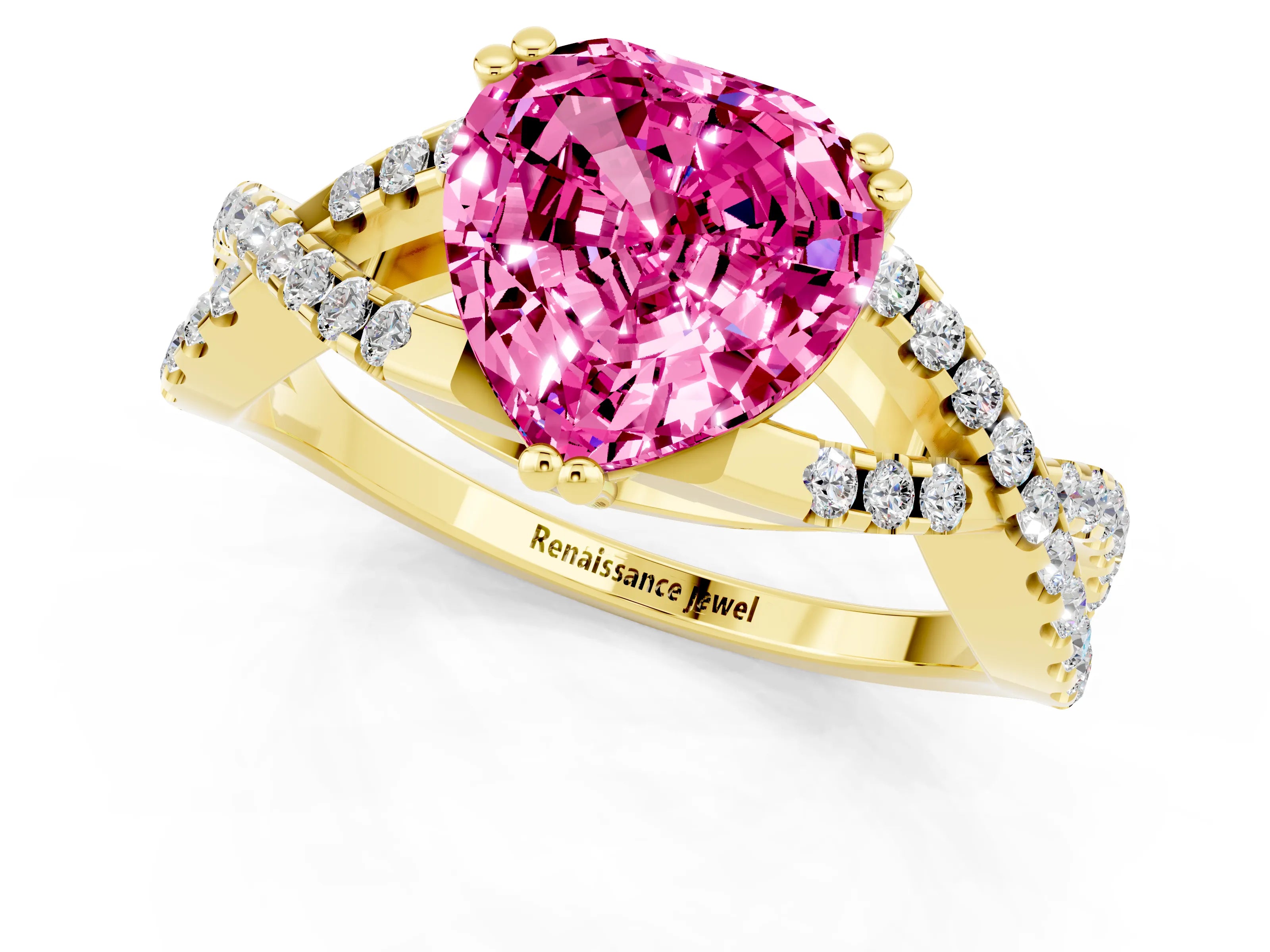 Yellow gold Heart Cut Pink Sapphire Solitaire Ring with Four-Prong Setting and Twisted Pavé Band_13