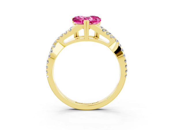 Yellow gold Heart Cut Pink Sapphire Solitaire Ring with Four-Prong Setting and Twisted Pavé Band