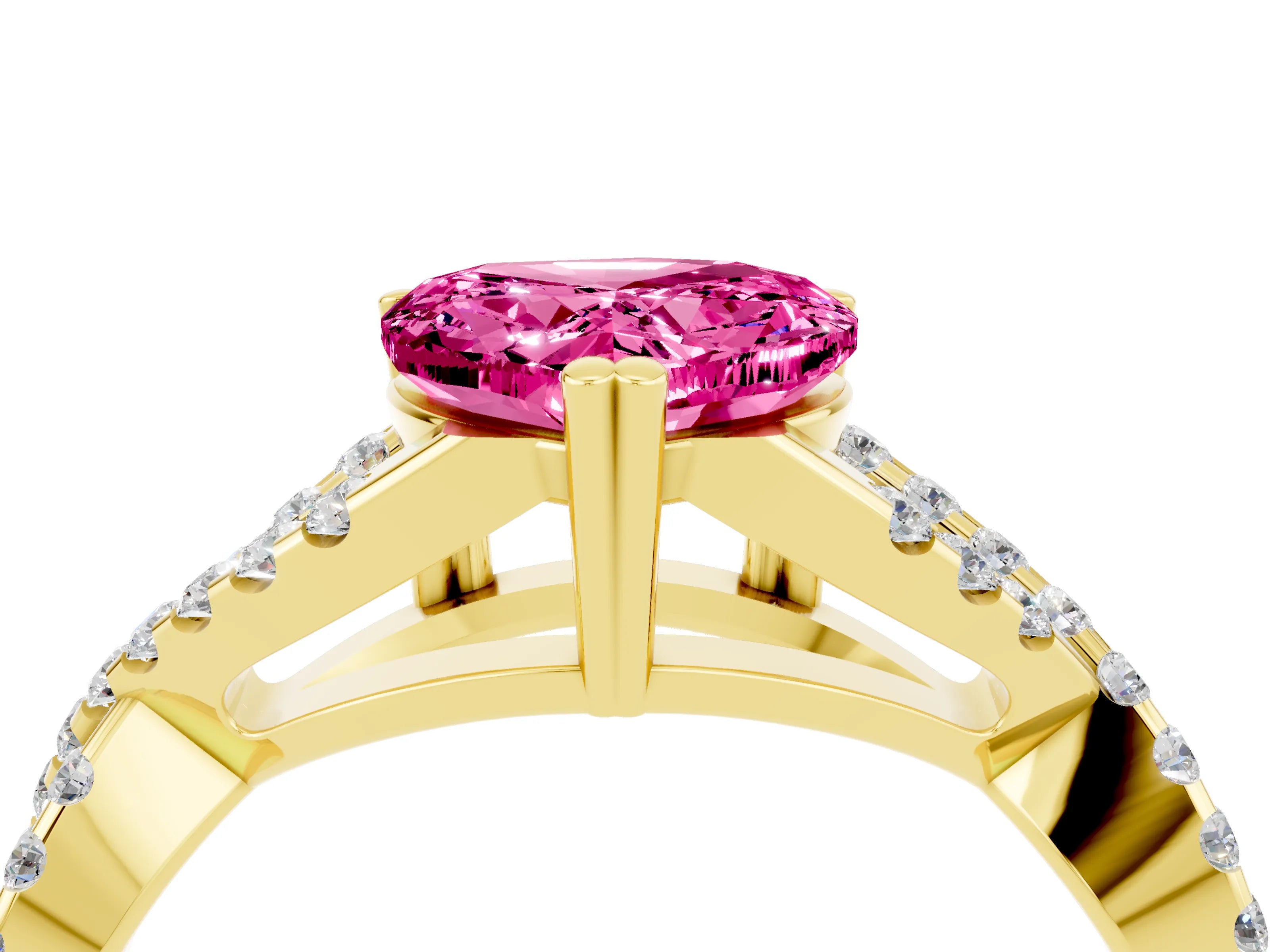 Yellow gold Heart Cut Pink Sapphire Solitaire Ring with Four-Prong Setting and Twisted Pavé Band_16