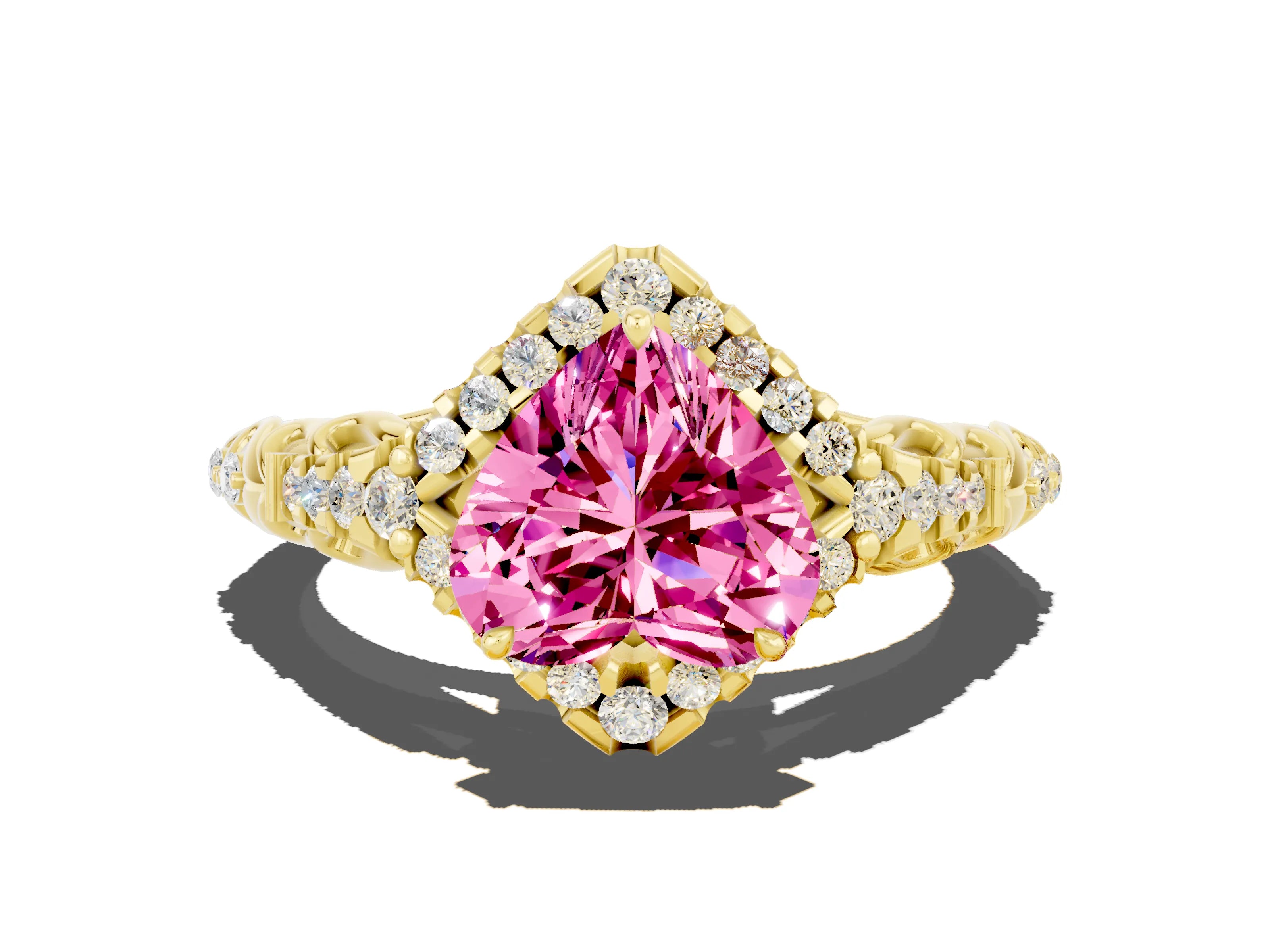 Yellow gold Heart Cut Pink Sapphire Solitaire Ring with Hidden Halo and Pavé Band_24
